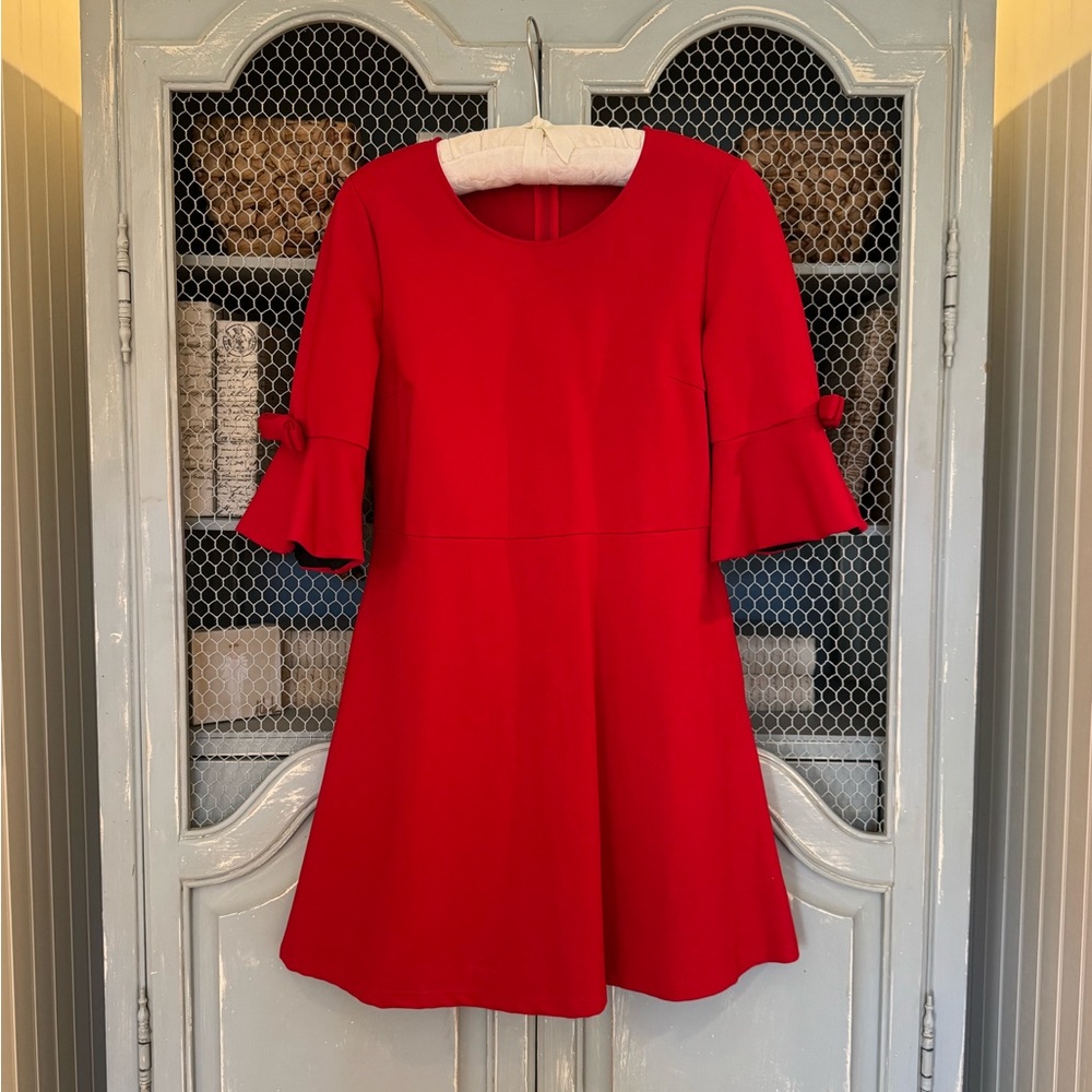 Cute Tailored Red Dress w/ Peplum Sleeves & Bow Accent + Pockets (Size Large)